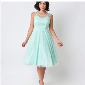 Unique Vintage 1950s Mint Dot Swing Dress - XLarge